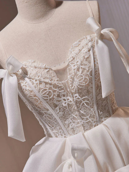 White A Line Bow Satin Tulle Lace Short Homecoming Dress DP1064