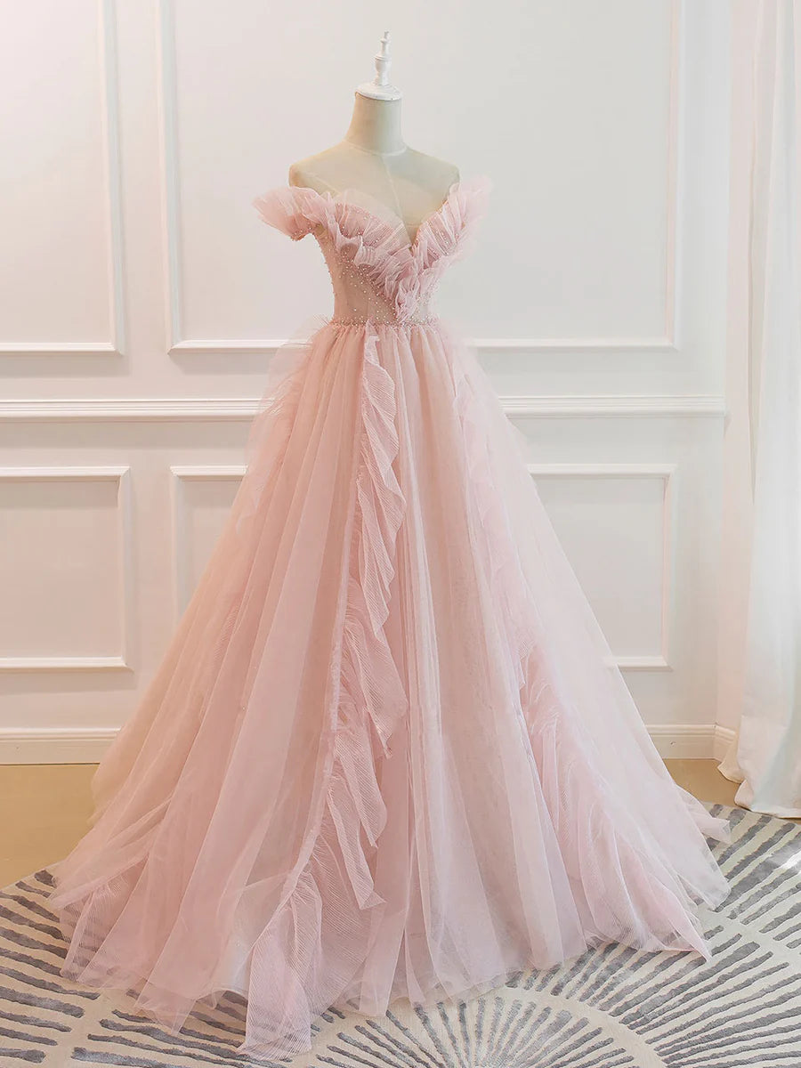 Light Pink A Line Off-the-shoulder Beaded Tulle Long Prom Dress DP949