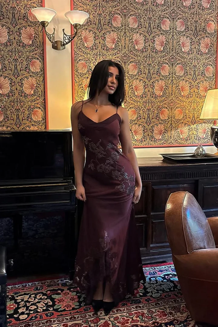 Dark Purple Mermaid Spaghetti Strap Beaded Satin Ball Gown Graduation Prom Dress DP4841