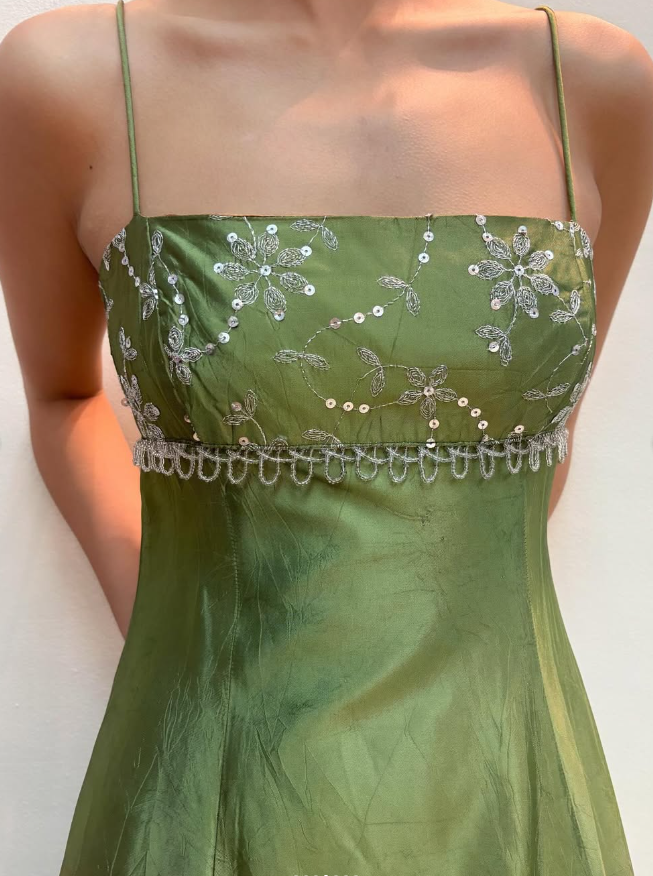 Vintage A Line Spaghetti Strap Beaded Sequin Green Satin Long Prom Dress Evening Dress DP1716
