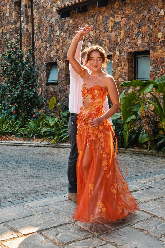 Orange A Line Sweetheart Neck Applique Tulle Prom Dress Party Dress DP3775