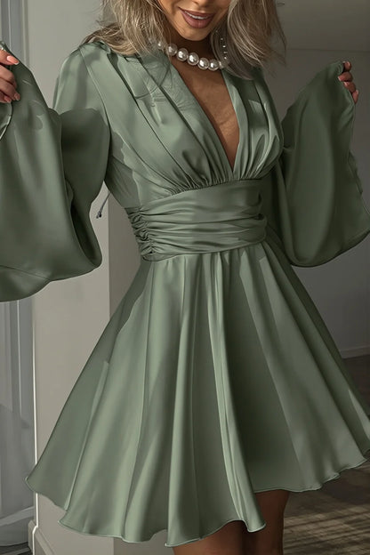 Sage Green A Line Long Sleeve Satin Short Prom Dress Homecoming Dress DP7423