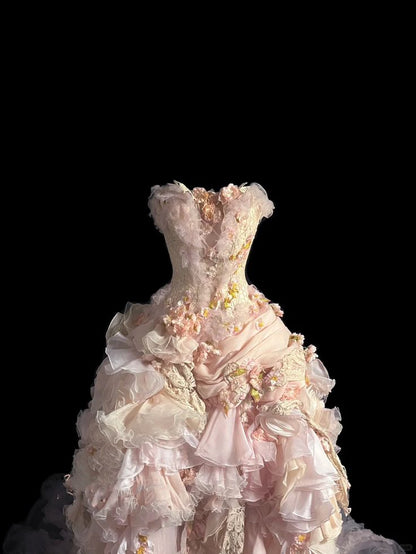 Vintage Exquisite Ball Gown Strapless Pink Floral Ruffle Tulle Prom Dress 16th Birthday Dress DP4144