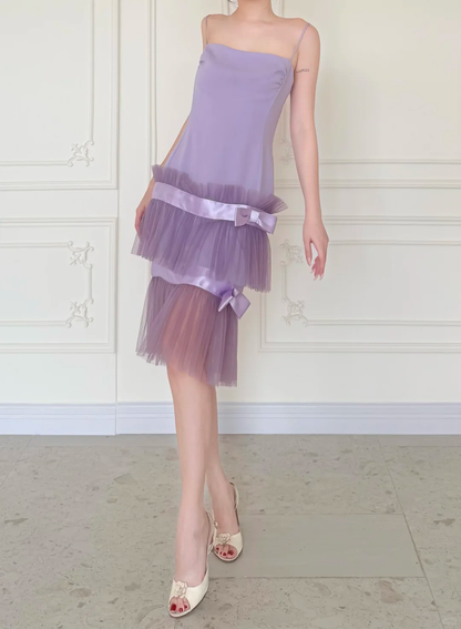 Lilac A Line Spaghetti Strap Satin Layered Tulle Short Prom Dress Homecoming Dress DP5431