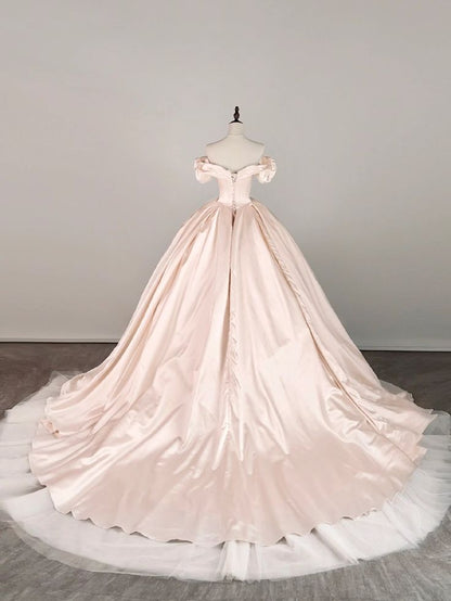 Princess Light Pink Ball Gown Off the Shoulder Pleated Tulle Satin 16th Birthday Dress Wedding Dress DP3603
