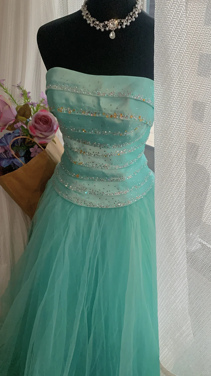 Vintage Ball Gown Strapless Beaded Layered Blue Tulle Satin Prom Dress 18th Birthday Dress DP4153