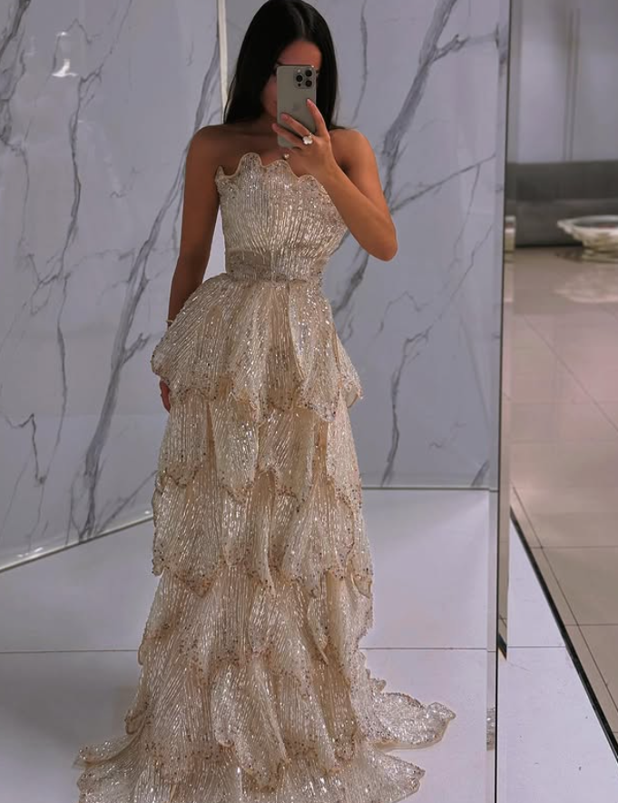 Shiny Champagne A Line Strapless Layered Sequin Long Prom Dress Evening Dress DP6064