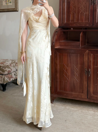 Gentle Mermaid Print Flower Light Champagne Chiffon Long Prom Dress Evening Dress DP6788