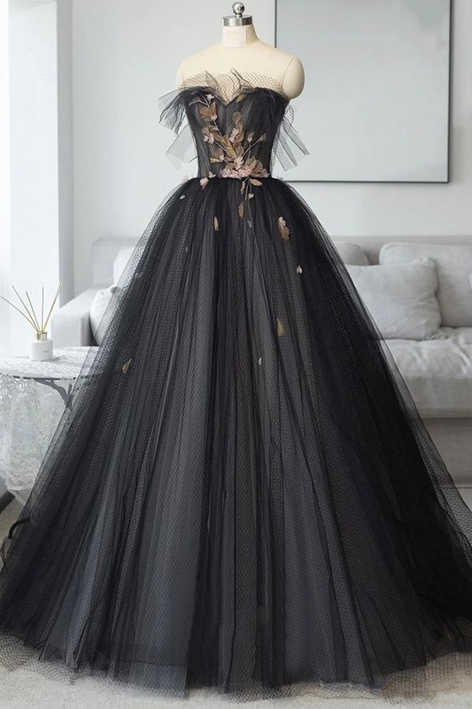 Black Tulle Appliques Long Prom Dress Strapless Evening Dress DP405