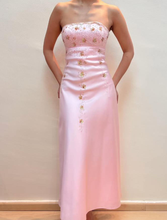 Pink A Line Strapless Sequin Beaded Satin Prom Dress Evening Dress DP1608