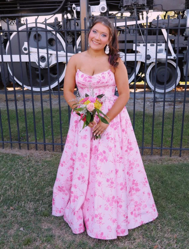 Sweety Pink Print Floral A Line Strapless Satin Prom Dress Party Evening Dress DP6287