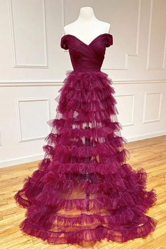 Burgundy A Line Off-the-shoulder Layered Tulle Long Prom Dress DP842