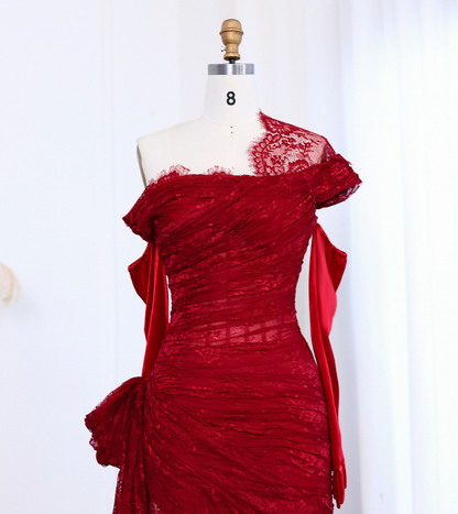 Sexy A Line Long Sleeve Burgundy Lace Prom Dress Evening Dress with Slit DP1914