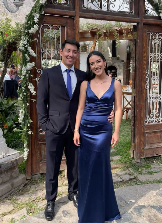Simple A Line V Neck Navy Blue Satin Long Prom Dress Evening Dress DP1410