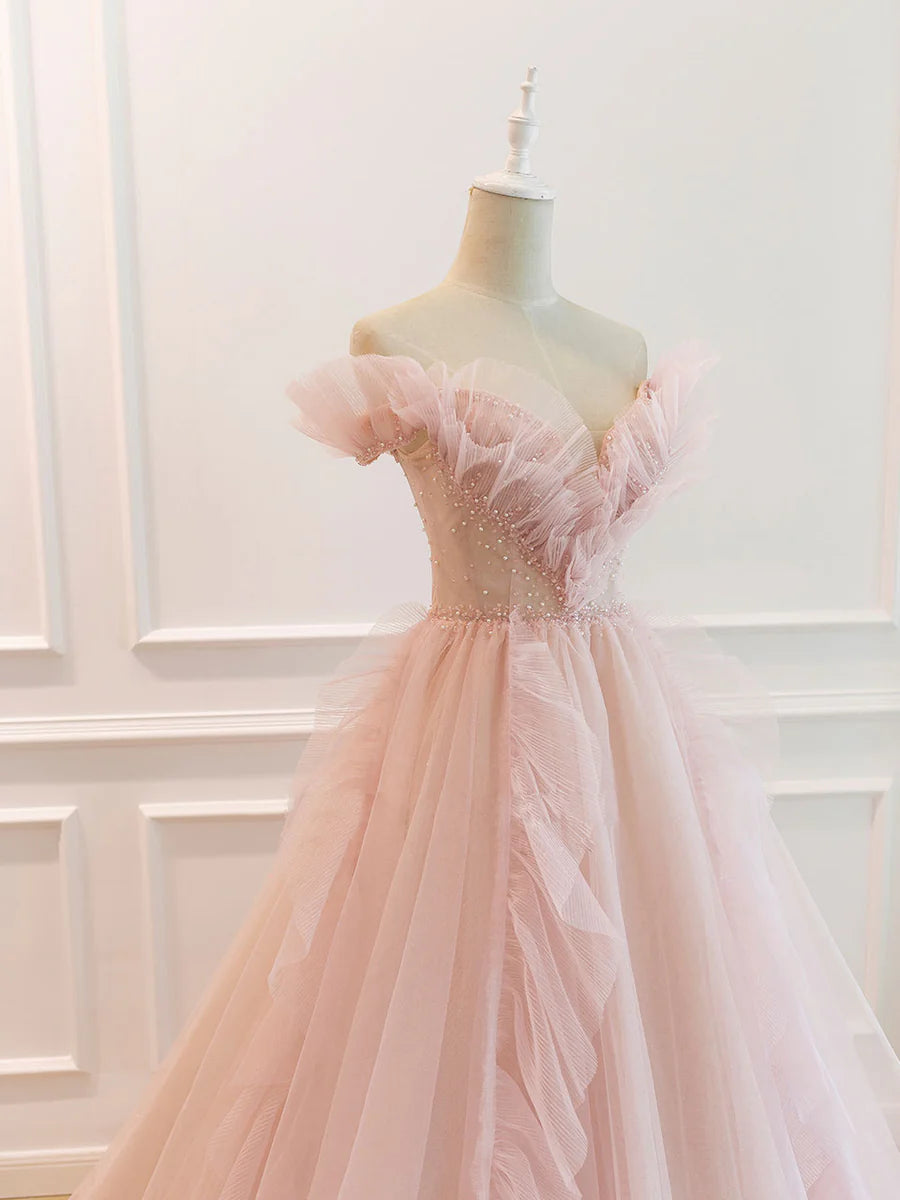 Light Pink A Line Off-the-shoulder Beaded Tulle Long Prom Dress DP949
