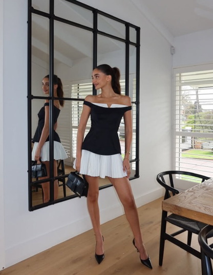 Pretty Black-white A Line Off the Shoulder Satin Short Prom Dress Homecoming Dress DP7464