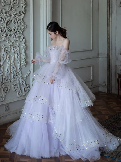 Purple A Line Long Sleeve Layered Sequin Tulle Long Party Dress Evening Dress DP2554