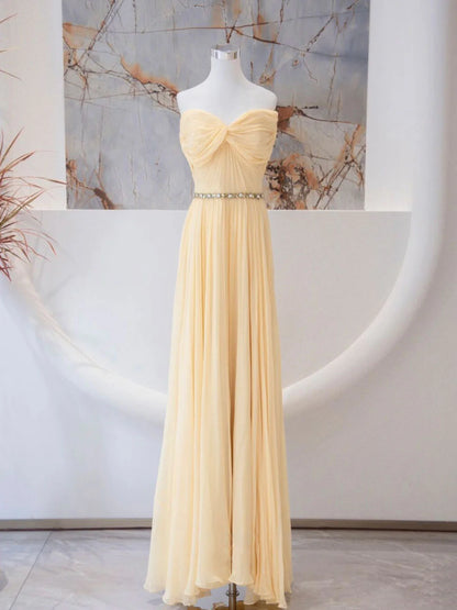 Light Yellow A Line Sweetheart Neck Chiffon Long Prom Dress Formal Dress DP1297
