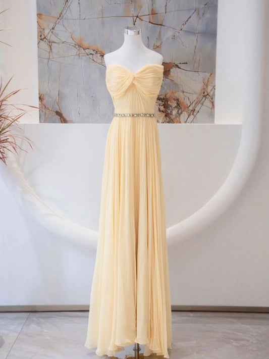 Light Yellow A Line Sweetheart Neck Chiffon Long Prom Dress Formal Dress DP1297