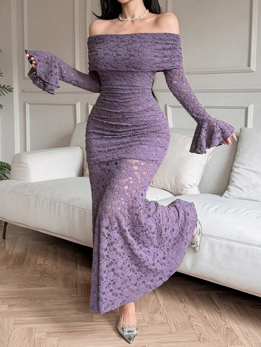Stunning Purple Mermaid Long Sleeve Lace Prom Dress Evening Dress DP7516