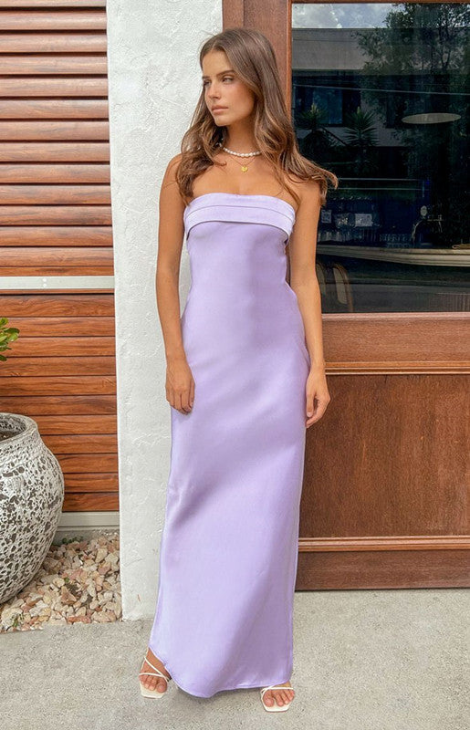 Simple Sheath Strapless Backless Purple Satin Evening Dress DP1015