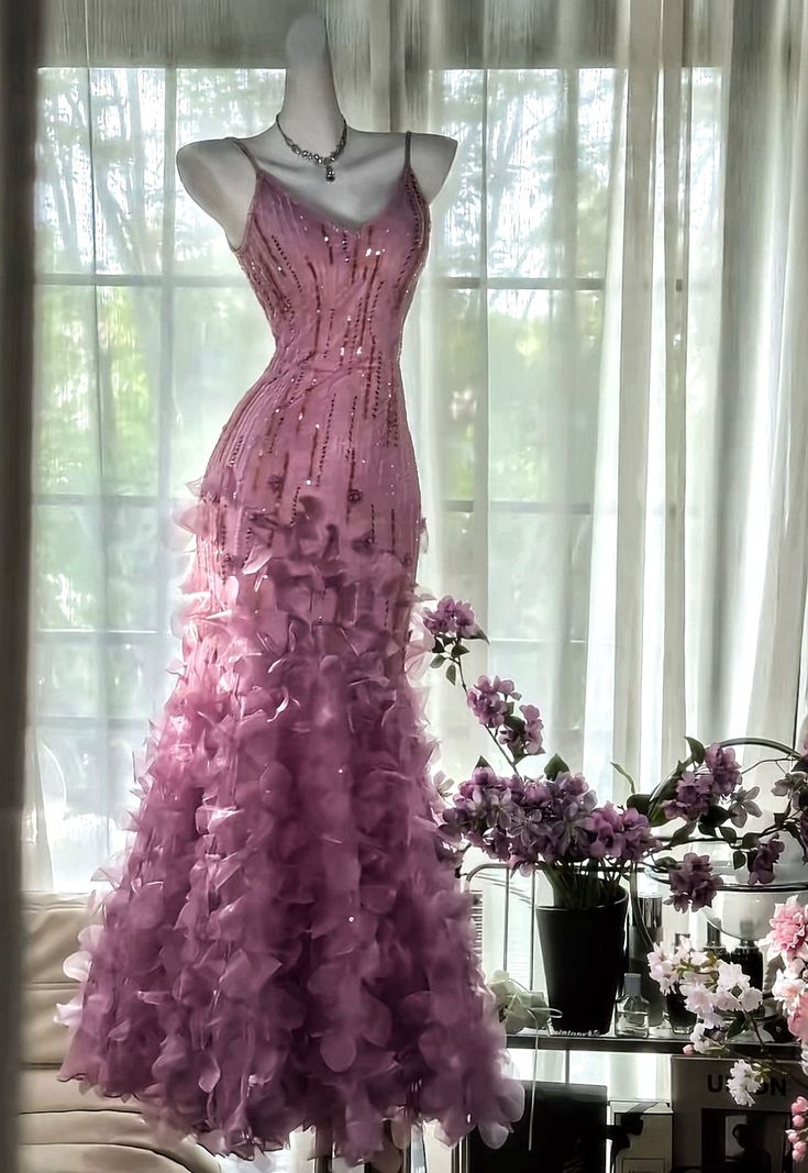 Vintage Pink Mermaid Straps Beaded Sequin Tulle Long Prom Dress Evening Dress DP4734