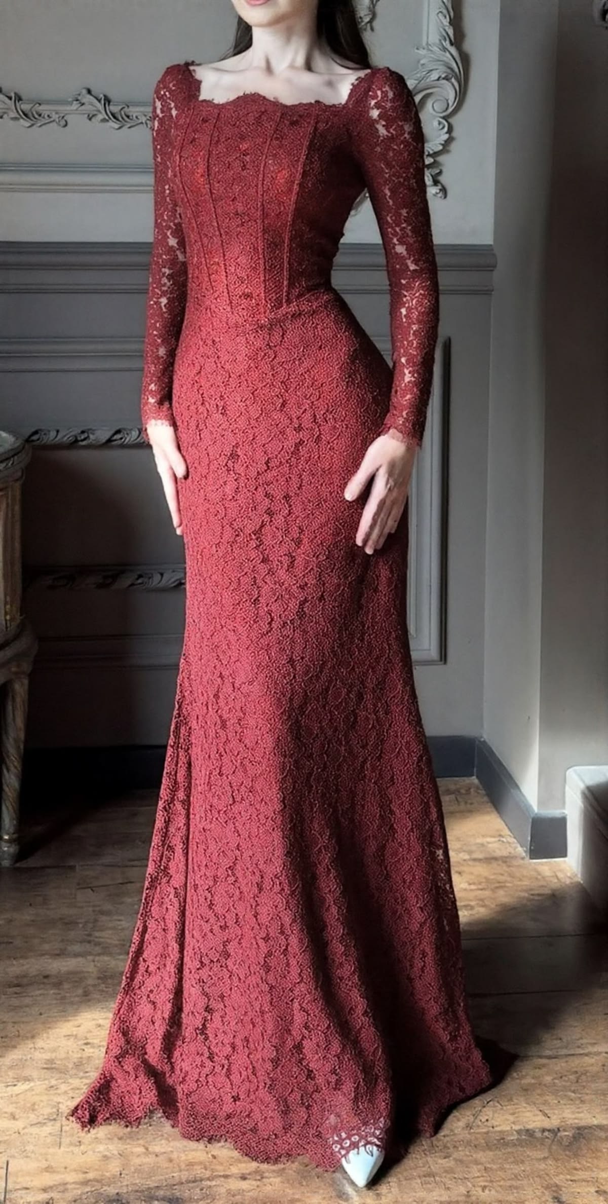 Sexy Mermaid Long Sleeve Corset Burgundy Lace Long Prom Dress Evening Dress DP6676