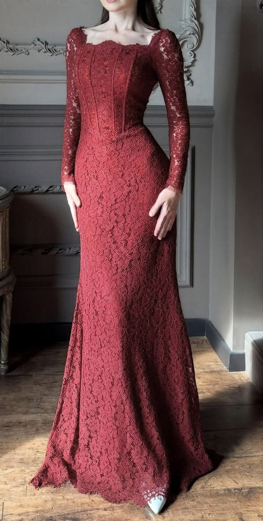 Sexy Mermaid Long Sleeve Corset Burgundy Lace Long Prom Dress Evening Dress DP6676