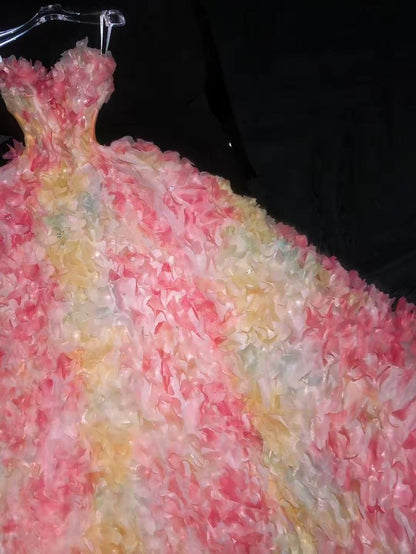 Pink Ball Gown Sweetheart Neck Floral Tulle Prom Dress DP4299