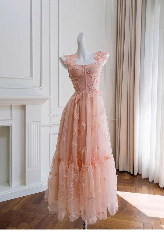 A Line Spaghetti Strap Butterfly Embroidery Tulle Prom Dresses DP933