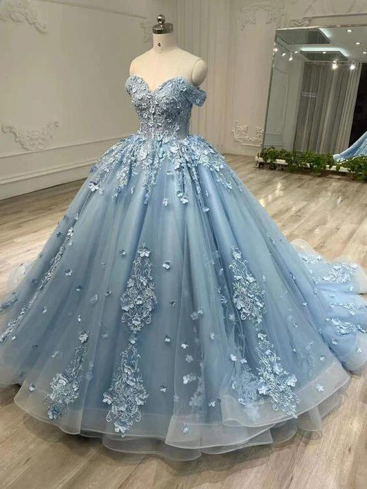 Blue Off The Shoulder Tulle Lace Applique Long Prom Dress Sweet 16 Quinceanera Dress DP187