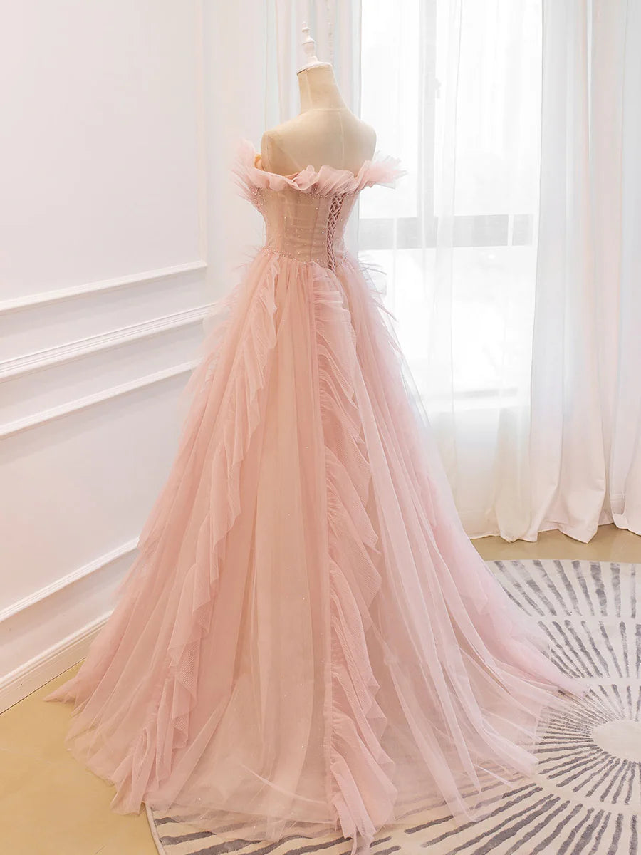 Light Pink A Line Off-the-shoulder Beaded Tulle Long Prom Dress DP949