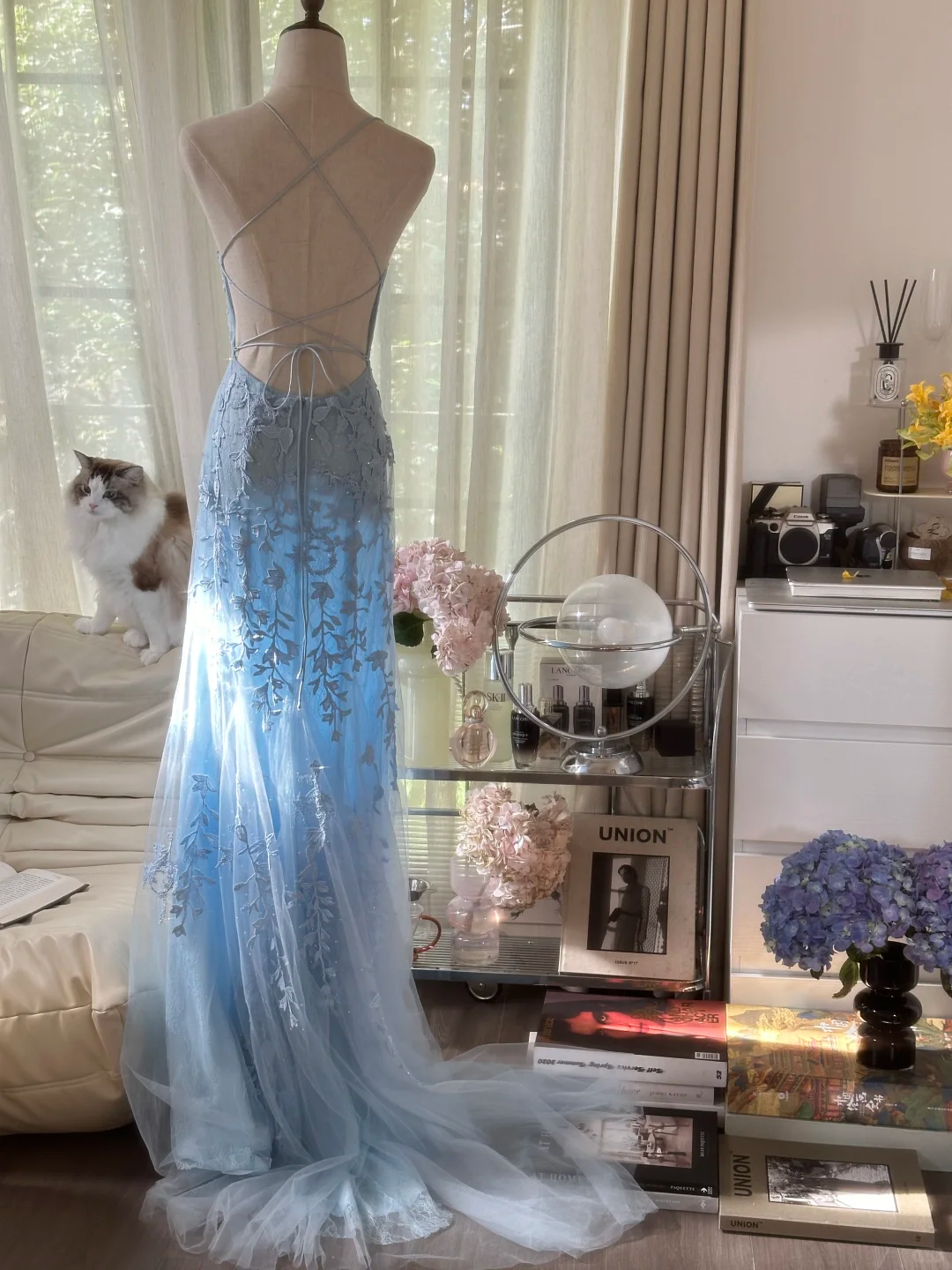 Light Blue A Line Spaghetti Straps Appliques Tulle Open Back Party Dress Evening Dress DP2472
