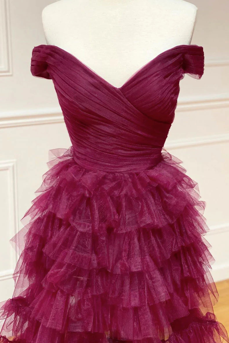 Burgundy A Line Off-the-shoulder Layered Tulle Long Prom Dress DP842
