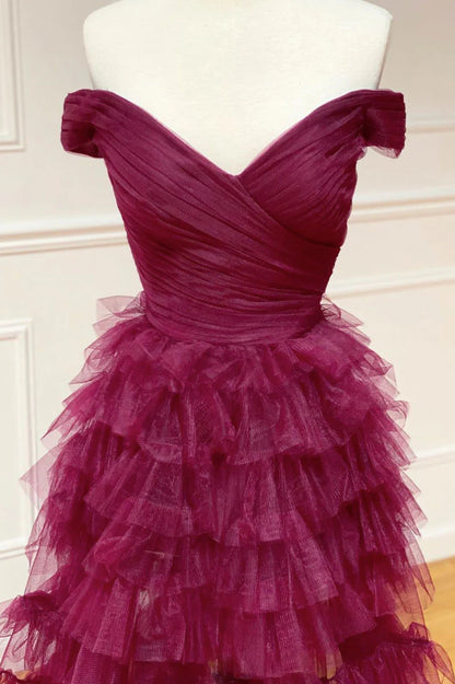 Burgundy A Line Off-the-shoulder Layered Tulle Long Prom Dress DP842