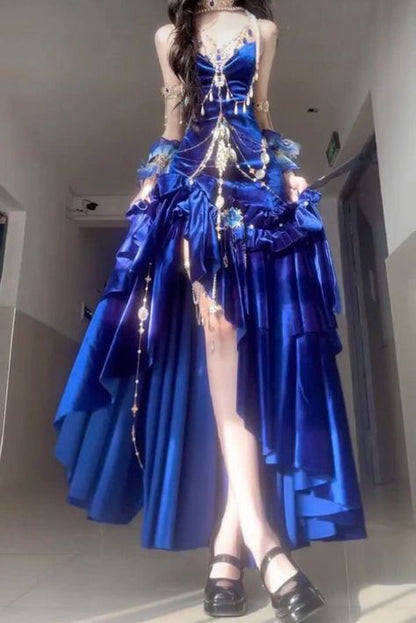 Stunning Blue Mermaid Spaghetti Strap Ruffle Velvet Prom Dress DP4157(Accessories not included)