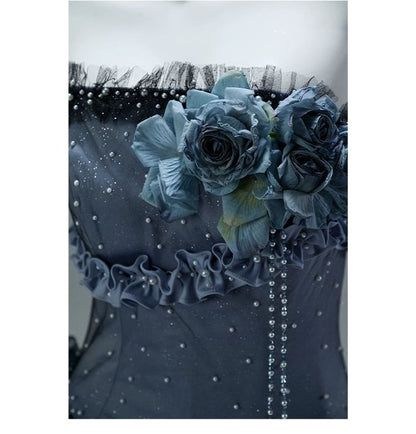 Princess Dark Blue Ball Gown Strapless Beaded Layered Organza Prom Dress 16th Birthday Dress DP5390