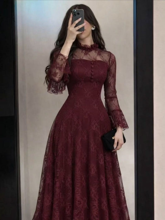 Classic A Line High Neck Long Sleeve Burgundy Lace Long Prom Dress Evening Dress DP6670