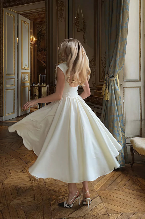Simple Backless A Line White Satin Prom Dress Party Evening Dress DP5374