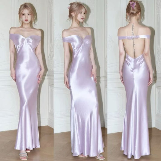 Lilac Sheath Off the Shoulder Satin Open Back Long Party Dress Prom Graduation Prom Dress DP1984
