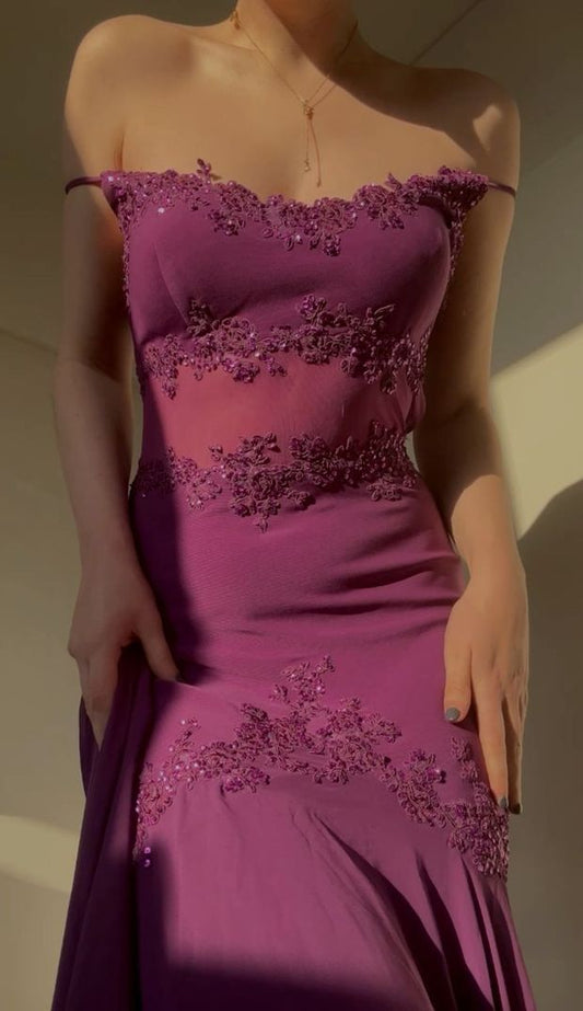 Purple Mermaid Spaghetti Straps Appliques Beaded Chiffon Prom Dress Date Dress DP3990