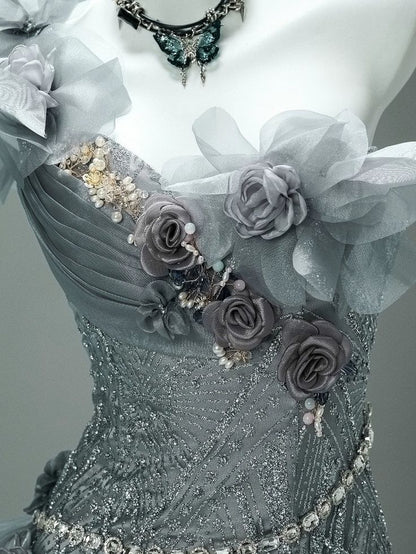 Princess Grey Ball Gown 3D Floral Beaded Ruffle Organza Prom Dress 16th Birthday Dress DP5391