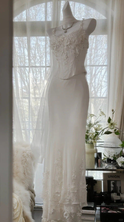Two Piece Sheath Straps Appliques Corset White Chiffon Prom Dress Party Dress DP5817
