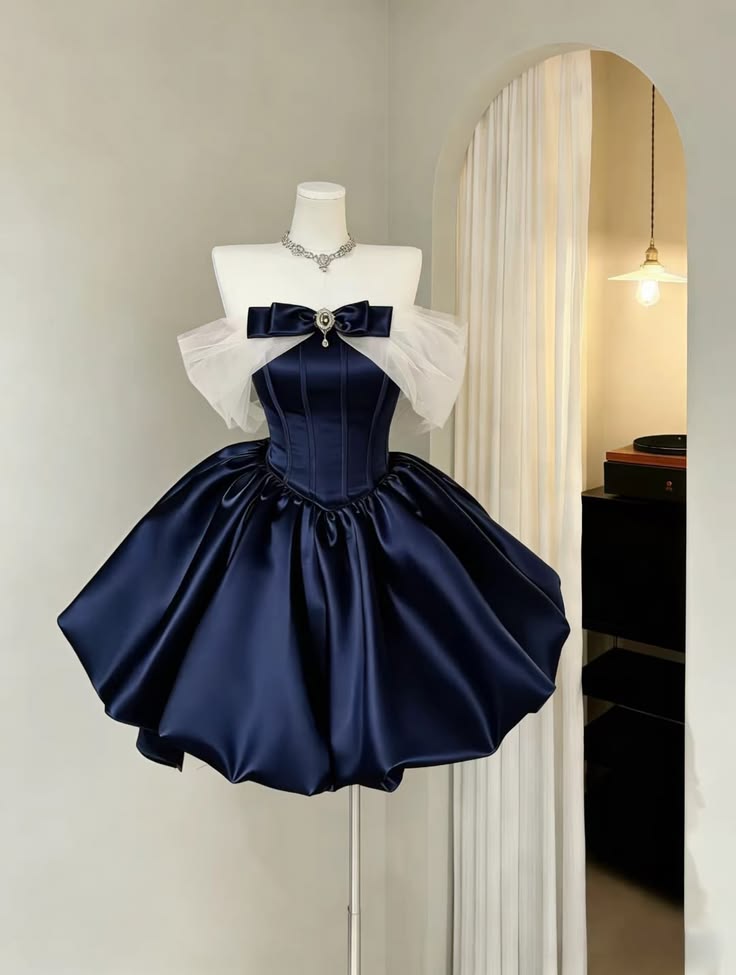 Sweety Navy Blue A Line Off the Shoulder Tulle Satin Short Homecoming Dress DP5685