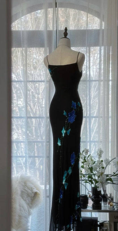 New Sheath Spaghetti Strap Sequin Black Chiffon Long Prom Dress Graduation Prom Dress DP2221
