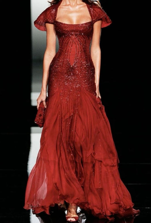 Gorgeous A Line Beaded Sequin Ruffle Burgundy Chiffon Prom Dress Evening Dress DP1898
