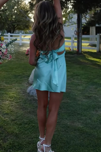 Cute Blue Bow A Line Sweetheart Neck Satin Mini Homecoming Dress Cocktail Dress DP3059