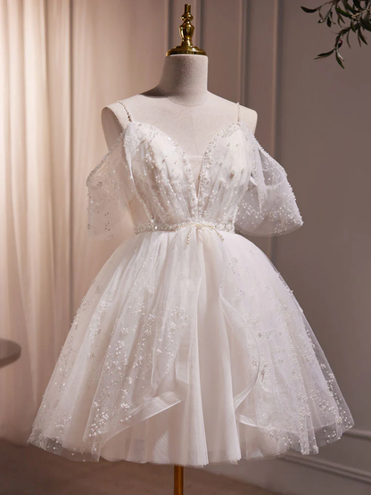 Beautiful Tulle Beading White Homecoming Dress Short Prom Dress DP051