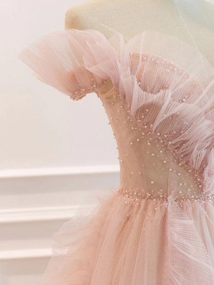 Light Pink A Line Off-the-shoulder Beaded Tulle Long Prom Dress DP949