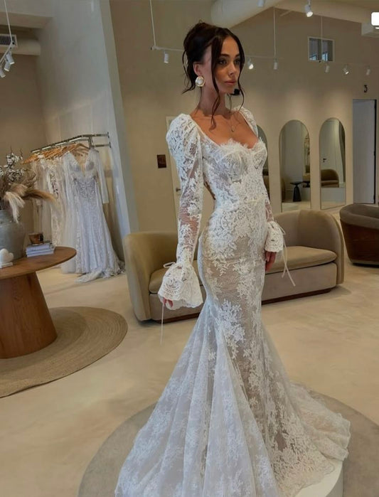 Pretty Mermaid Long Sleeve White Lace Long Wedding Dress DP8004